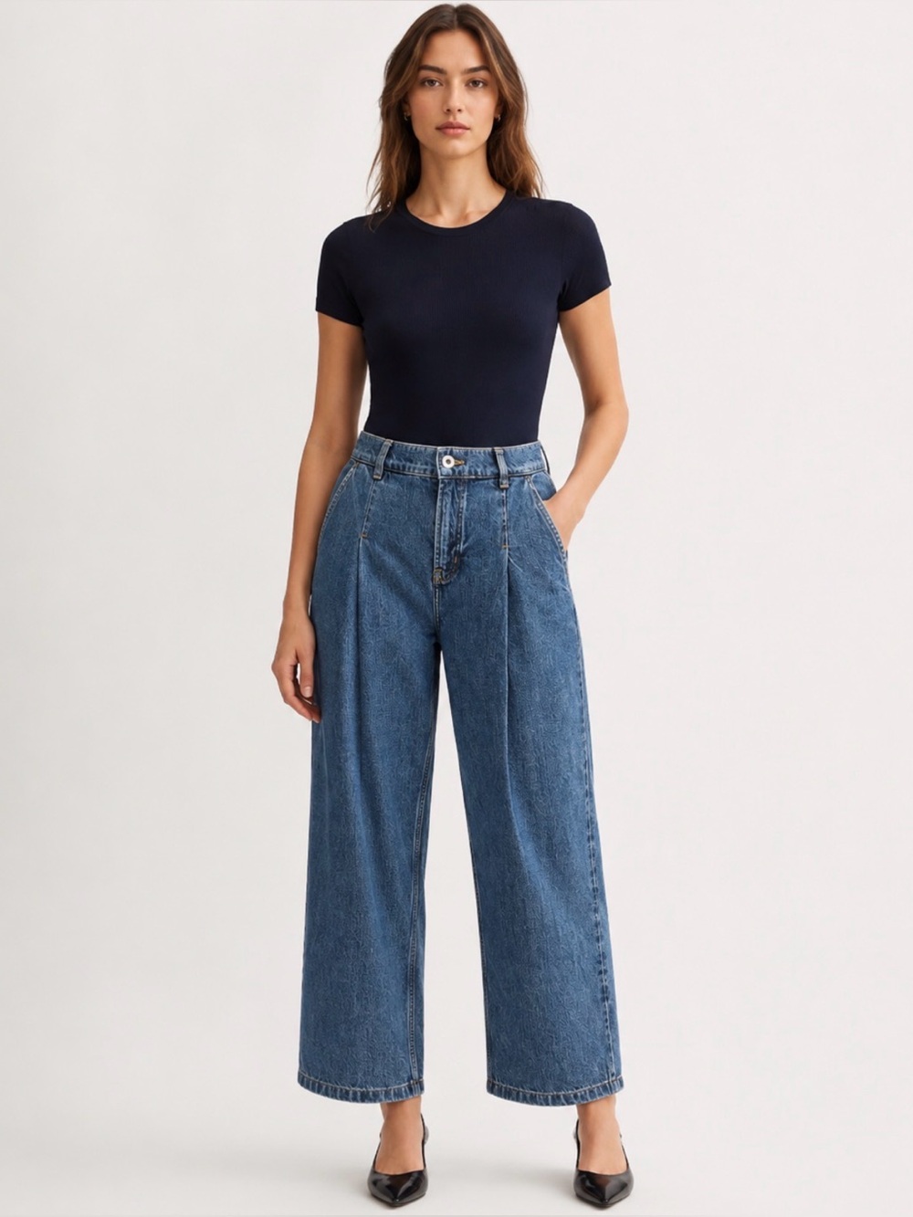 Everlane Denim Pleated High-Rise Trouser Jeans Size 30R Blue Wide Leg Denim Pant